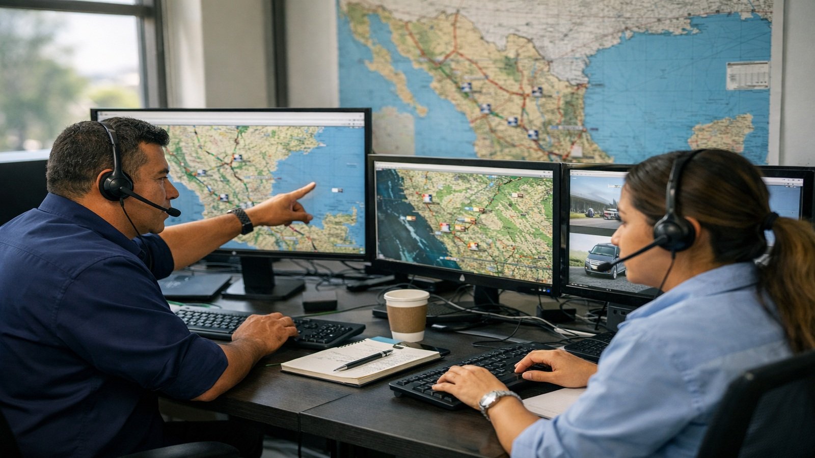 Equipo de logística monitoreando rutas en tiempo real